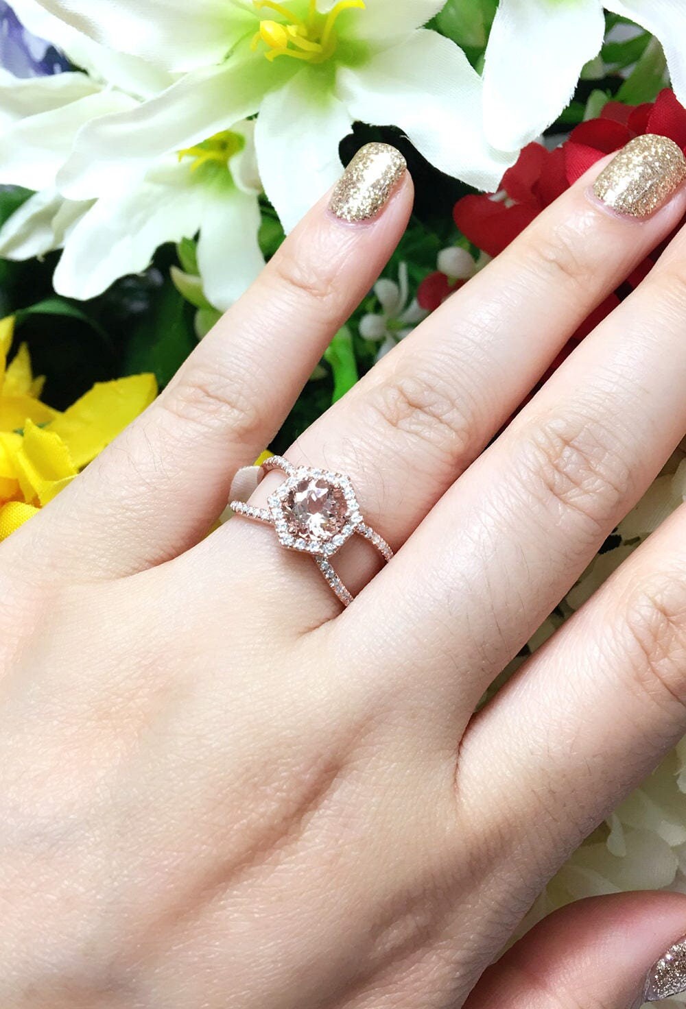 14k Rose Gold Hexagon Morganite Diamond Engagement Ring