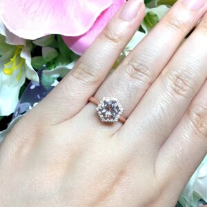 14k Rose Gold Morganite Hexagon Ring: Diamond Bridal Wedding Ring