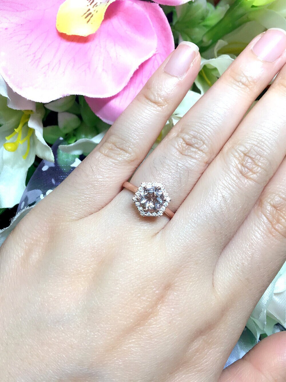 14k Rose Gold Morganite Hexagon Ring: Diamond Bridal Wedding Ring