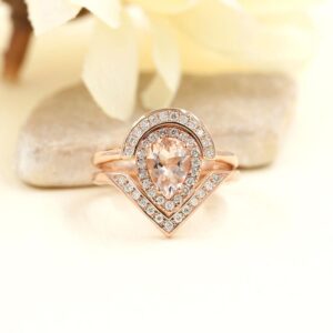 14K Rose Gold Pear Morganite Diamond Bridal Ring Set 14K Rose Gold Pear Morganite Diamond Bridal Ring Set