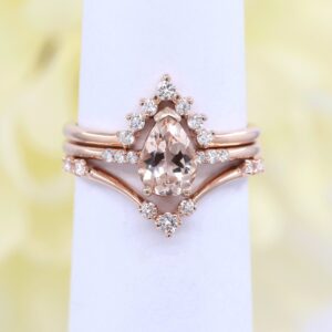14K Rose Gold Pear Morganite Engagement Ring Set: Diamond Chevron Band 14K Rose Gold Pear Morganite Engagement Ring Set: Diamond Chevron Band