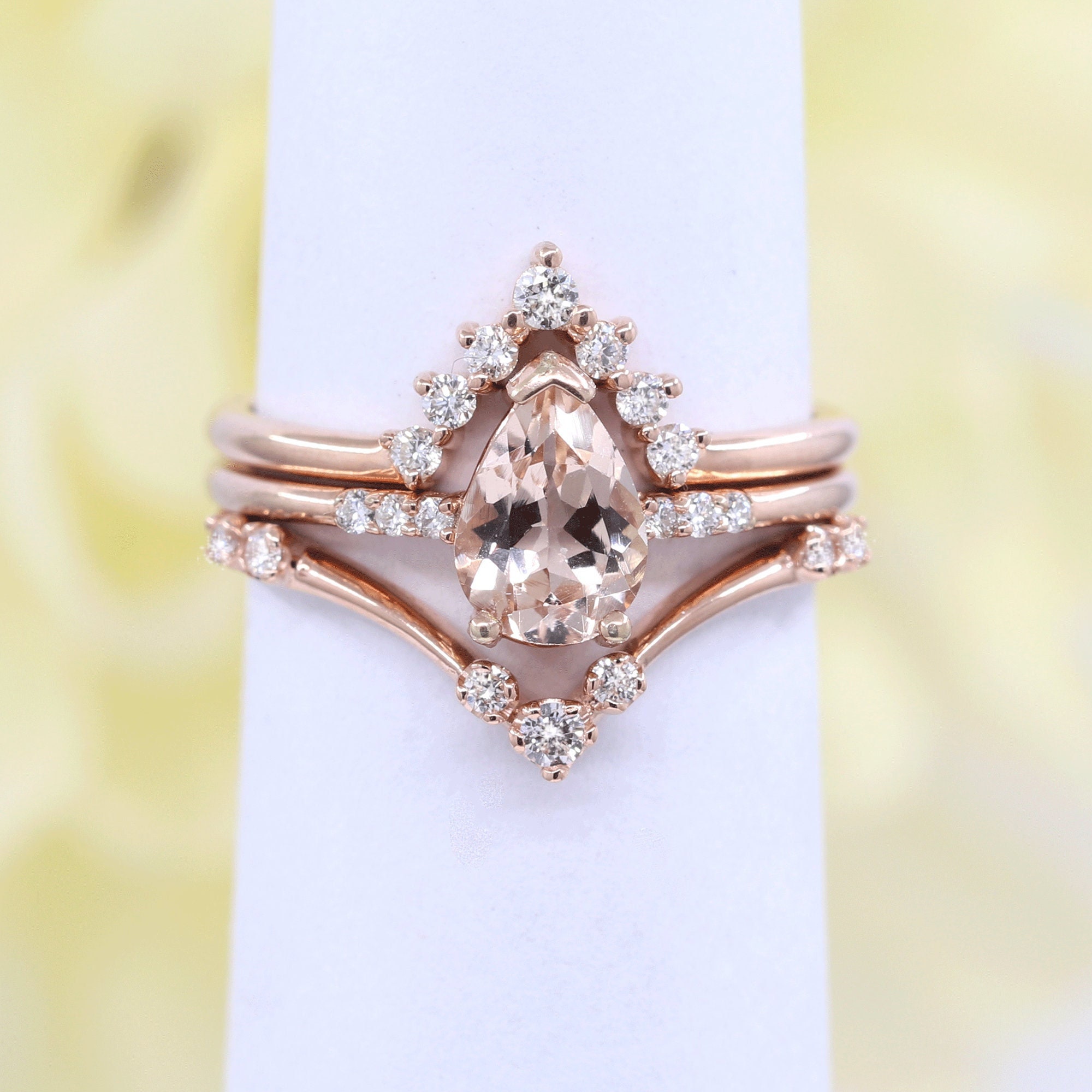 14k Rose Gold Pear Morganite Engagement Ring Set: Diamond Chevron Band 14k Rose Gold Pear Morganite Engagement Ring Set: Diamond Chevron Band