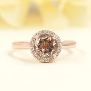 14K Rose Gold Morganite Engagement Ring: Diamond Halo Bridal Ring