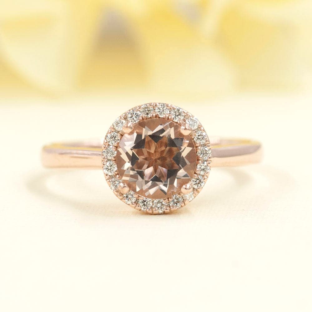 14k Rose Gold Morganite Engagement Ring: Diamond Halo Bridal Ring 14k Rose Gold Morganite Engagement Ring: Diamond Halo Bridal Ring