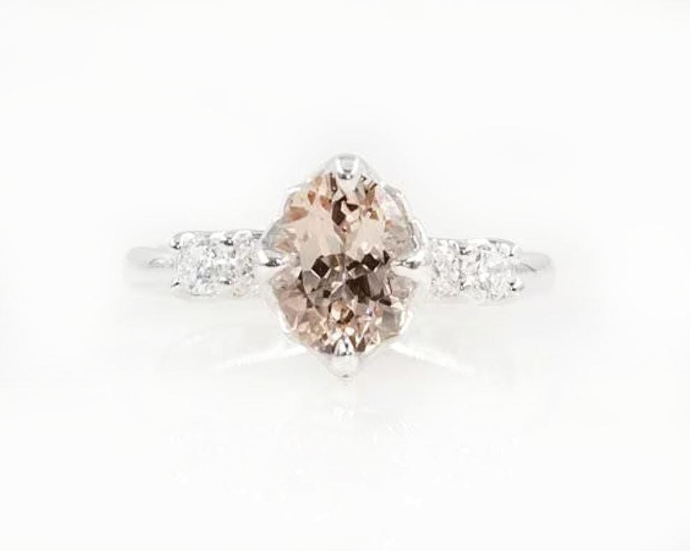14k Rose Gold Morganite Engagement Ring: Oval Diamond Bridal Ring