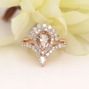 14K Rose Gold Pear Morganite Diamond Bridal Ring Set 14K Rose Gold Pear Morganite Diamond Bridal Ring Set