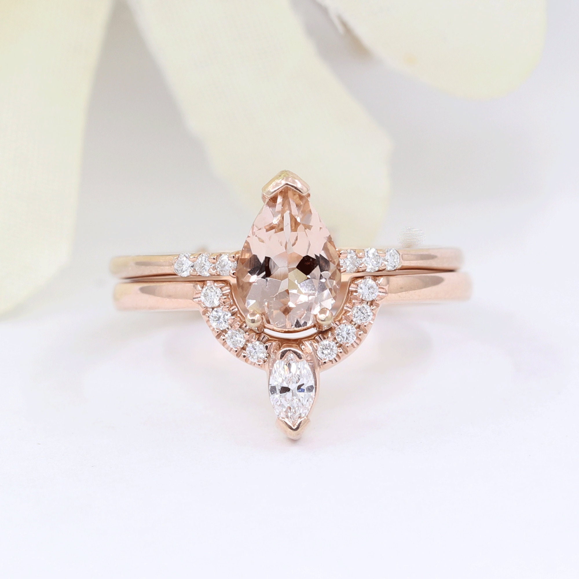 14k Rose Gold Pear Morganite Engagement Ring Set With Diamond Crown Band