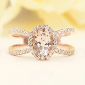 14K Rose Gold Morganite Engagement Ring: Diamond Double Band
