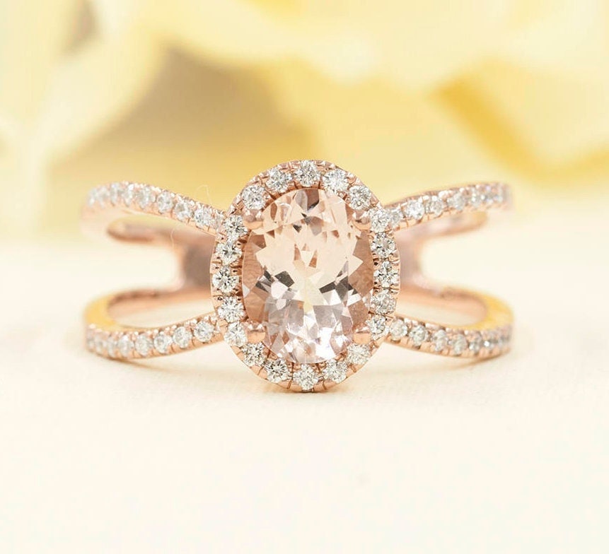 14k Rose Gold Morganite Engagement Ring: Diamond Double Band 14k Rose Gold Morganite Engagement Ring: Diamond Double Band