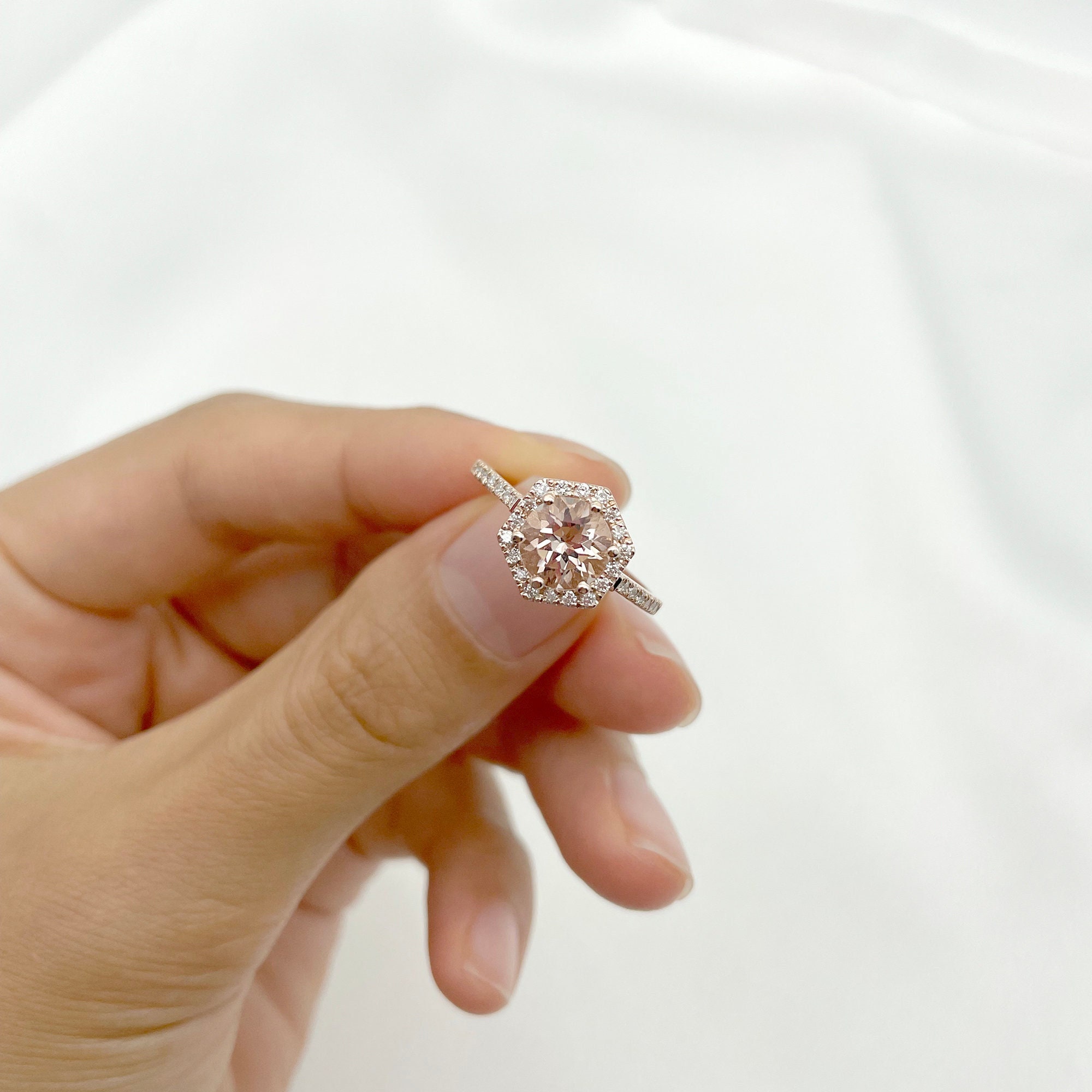 14k Rose Gold Morganite Hexagon Ring: Diamond Halo Engagement Ring