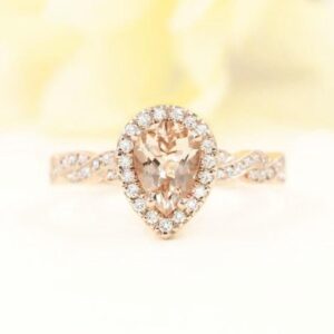 14k Rose Gold Pear Morganite Diamond Halo Engagement Ring