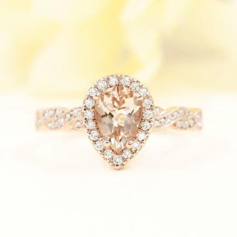 14k Rose Gold Pear Morganite Diamond Halo Engagement Ring 14k Rose Gold Pear Morganite Diamond Halo Engagement Ring