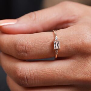 14K Rose Gold Morganite Engagement Ring: PeachMorganite Rings, Baguette cut Birthstone Ring, Bridal jewelry