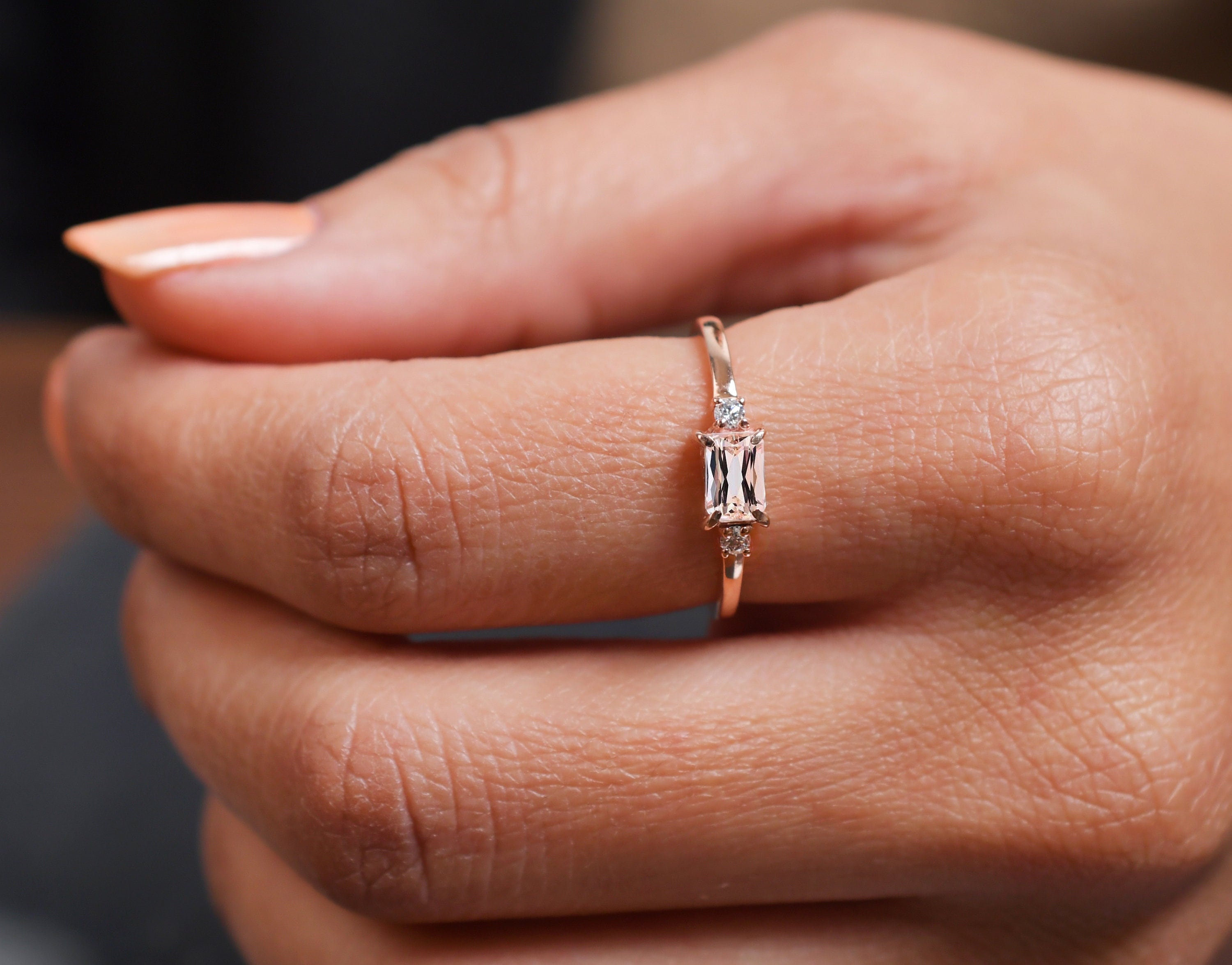 14k Rose Gold Morganite Engagement Ring: Peachmorganite Rings, Baguette Cut Birthstone Ring, Bridal Jewelry 14k Rose Gold Morganite Engagement Ring: Peachmorganite Rings, Baguette Cut Birthstone Ring, Bridal Jewelry