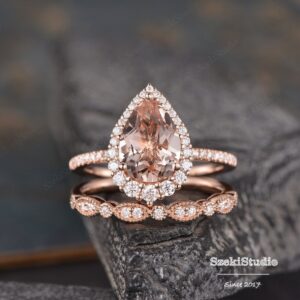 3.5ct Pear Cut Morganite Engagement Ring Set Pear Shaped Wedding Ring Rose Gold Bridal Set Tear Drop Halo Ring 8x12mm Peachy Morganite Ring 3.5ct Pear Cut Morganite Engagement Ring Set Pear Shaped Wedding Ring Rose Gold Bridal Set Tear Drop Halo Ring 8x12mm Peachy Morganite Ring