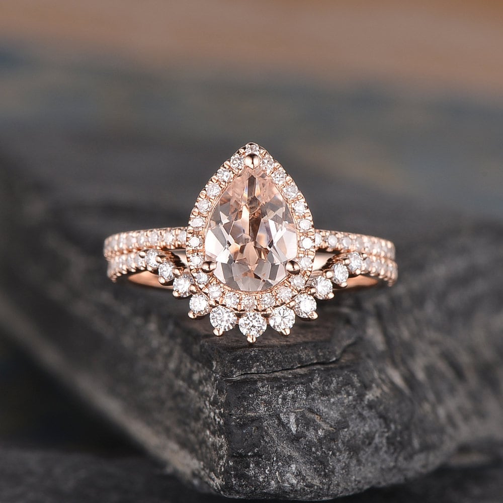 6x8mm Pear Shaped Morganite Bridal Set Rose Gold Engagement Ring Set Halo Diamond Ring Half Eternity Band Women Tear Drop Anniversary Set 6x8mm Pear Shaped Morganite Bridal Set Rose Gold Engagement Ring Set Halo Diamond Ring Half Eternity Band Women Tear Drop Anniversary Set