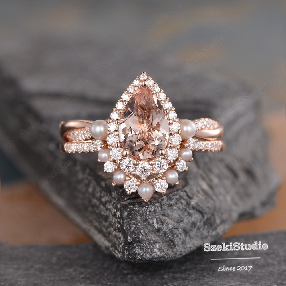 6x9mm Morganite Ring Set Morganite Engagement Ring Set Rose Gold Bridal Ring Set Women Pear Shaped Halo Infinity Diamond Wedding 6x9mm Morganite Ring Set Morganite Engagement Ring Set Rose Gold Bridal Ring Set Women Pear Shaped Halo Infinity Diamond Wedding