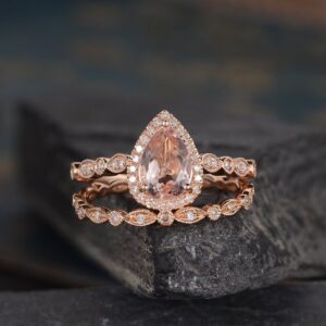 Art Deco Morganite Engagement Ring Rose Gold Bridal Set Pear Shaped Ring Wedding Halo Diamond Half Eternity Band Women Anniversary Gift 2pcs