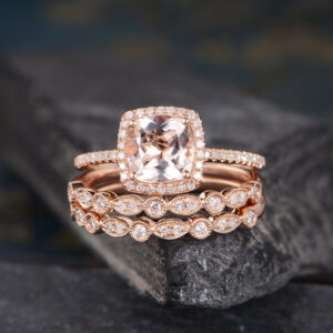 Art Deco Morganite Engagement Ring Set Rose Gold Bridal Set Halo Cushion Cut Ring Eternity Wedding Band Anniversary Gift For Women 3 pcs Art Deco Morganite Engagement Ring Set Rose Gold Bridal Set Halo Cushion Cut Ring Eternity Wedding Band Anniversary Gift For Women 3 pcs