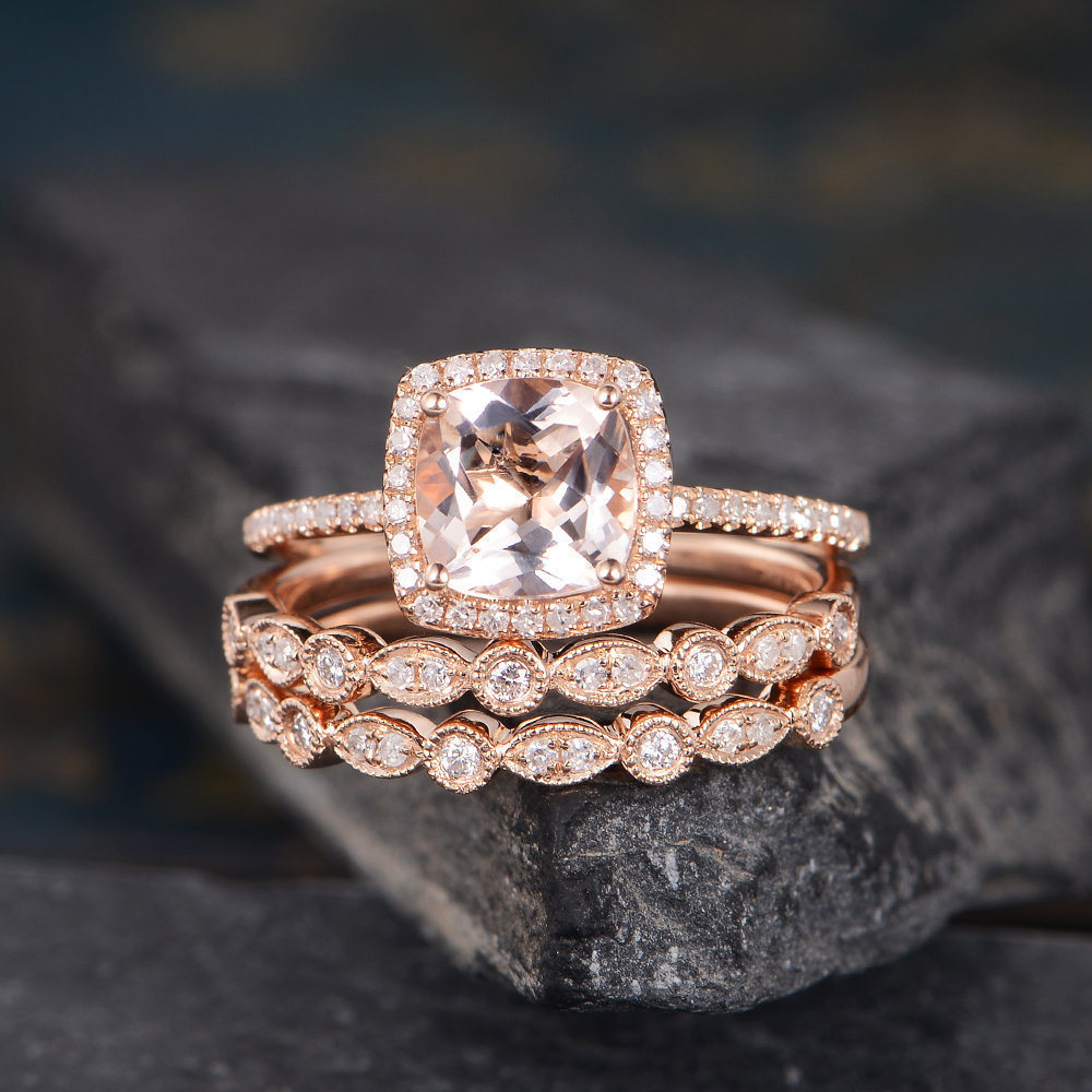 Art Deco Morganite Engagement Ring Set Rose Gold Bridal Set Halo Cushion Cut Ring Eternity Wedding Band Anniversary Gift For Women 3 Pcs