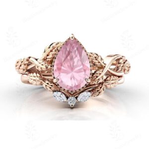 Art Deco Pink Morganite Wedding Ring Set For Women Unique Vine Leaf Design Ring Set 14K Gold Morganite Engagement Ring Set Gift For Women Art Deco Pink Morganite Wedding Ring Set For Women Unique Vine Leaf Design Ring Set 14K Gold Morganite Engagement Ring Set Gift For Women