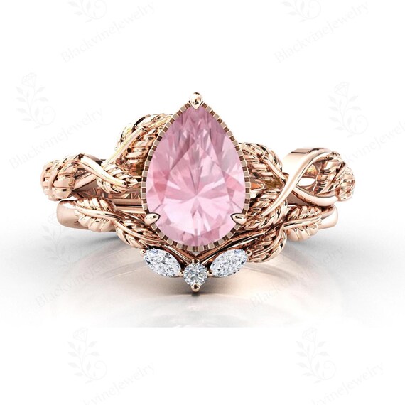 Art Deco Pink Morganite Wedding Ring Set For Women Unique Vine Leaf Design Ring Set 14k Gold Morganite Engagement Ring Set Gift For Women