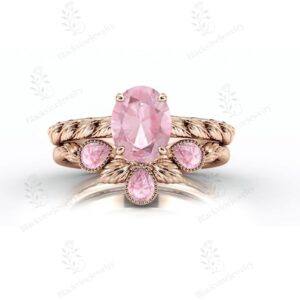 Art Deco Pink Morganite Ring Set For Women 14K Gold Morganite Leaf Ring Set Antique Women 2 Piece Ring Set Unique Promise Ring Set For Her Art Deco Pink Morganite Ring Set For Women 14K Gold Morganite Leaf Ring Set Antique Women 2 Piece Ring Set Unique Promise Ring Set For Her