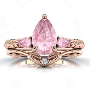 Art Deco Pink Morganite Engagement Ring Set Unique Leaf Style Wedding Ring Set Pear Cut Morganite Engagement Ring Set Vintage Style Ring Set Art Deco Pink Morganite Engagement Ring Set Unique Leaf Style Wedding Ring Set Pear Cut Morganite Engagement Ring Set Vintage Style Ring Set