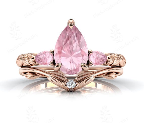 Art Deco Pink Morganite Engagement Ring Set Unique Leaf Style Wedding Ring Set Pear Cut Morganite Engagement Ring Set Vintage Style Ring Set