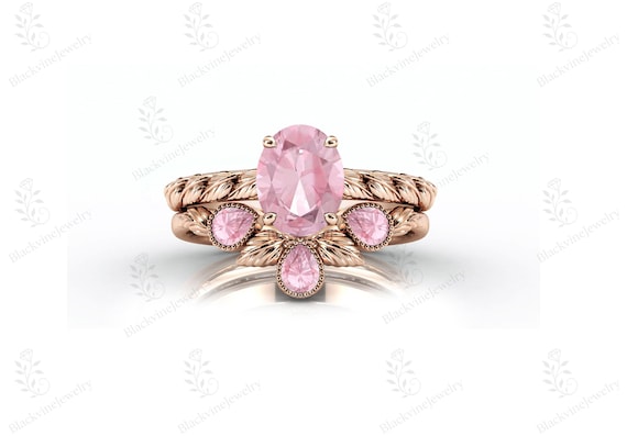 Art Deco Pink Morganite Ring Set For Women 14k Gold Morganite Leaf Ring Set Antique Women 2 Piece Ring Set Unique Promise Ring Set For Her Art Deco Pink Morganite Ring Set For Women 14k Gold Morganite Leaf Ring Set Antique Women 2 Piece Ring Set Unique Promise Ring Set For Her