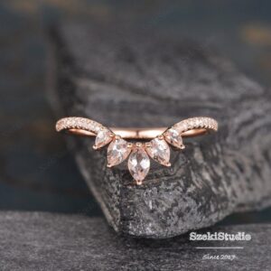 Morganite Curved Wedding Band Woman Rose Gold Morganite Ring Vintage Diamond Stacking Wedding Jewelry  Matching Anniversary Gift For Her