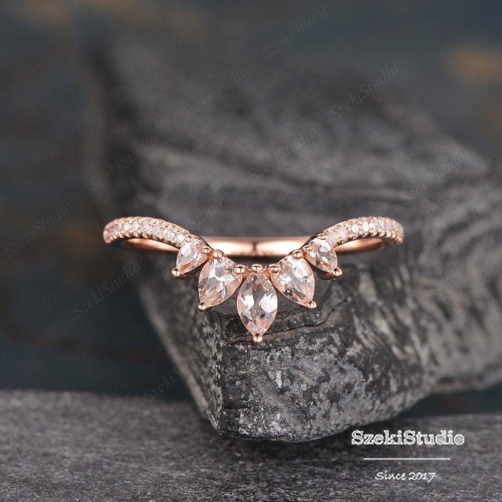 Morganite Curved Wedding Band Woman Rose Gold Morganite Ring Vintage Diamond Stacking Wedding Jewelry Matching Anniversary Gift For Her