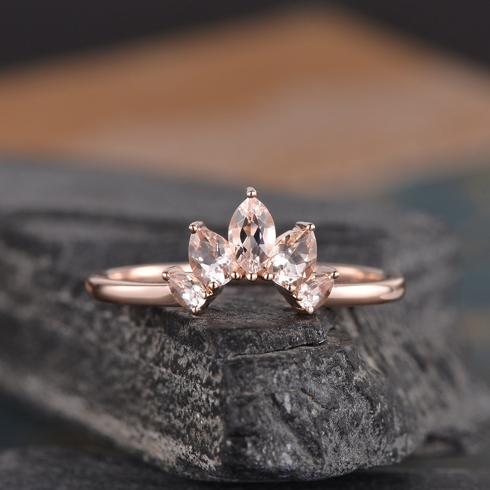 Morganite Curved Wedding Band Woman Rose Gold Pear Stackable Ring Vintage Bridal Matching Wedding Ring V Shaped Promise Anniversary Wedding