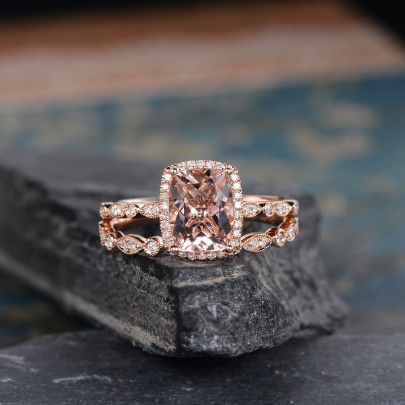 Cushion Cut Morganite Engagement Ring Rose Gold Open Wedding Bridal Set 7x9mm Art Deco Women Diamond Half Eternity Antique Anniversary Gift Cushion Cut Morganite Engagement Ring Rose Gold Open Wedding Bridal Set 7x9mm Art Deco Women Diamond Half Eternity Antique Anniversary Gift