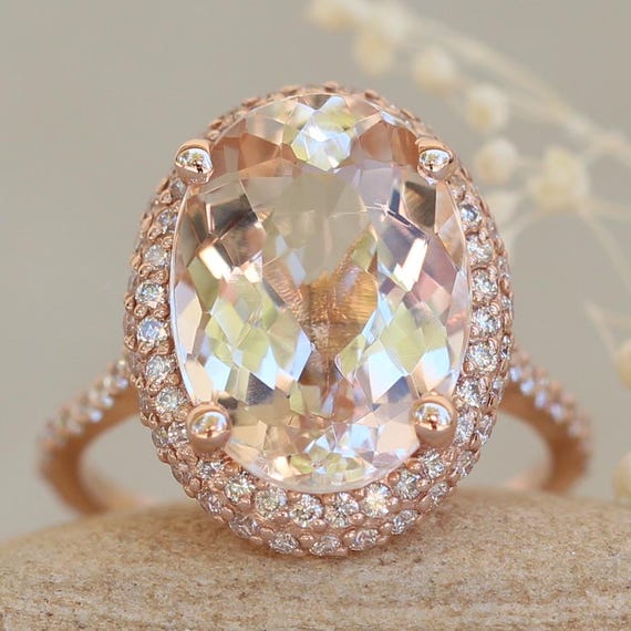 Cushion Double Halo Oval Light Peach Morganite Ring, Cathedral Shank, Lifetime Care Plan Included, Genuine Gems And Diamonds Ls6110