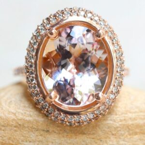 Double Halo Peach Morganite Engagement Ring Oval With White Diamonds, Lifetime Care Plan Included, Genuine Gems And Diamonds Ls6342