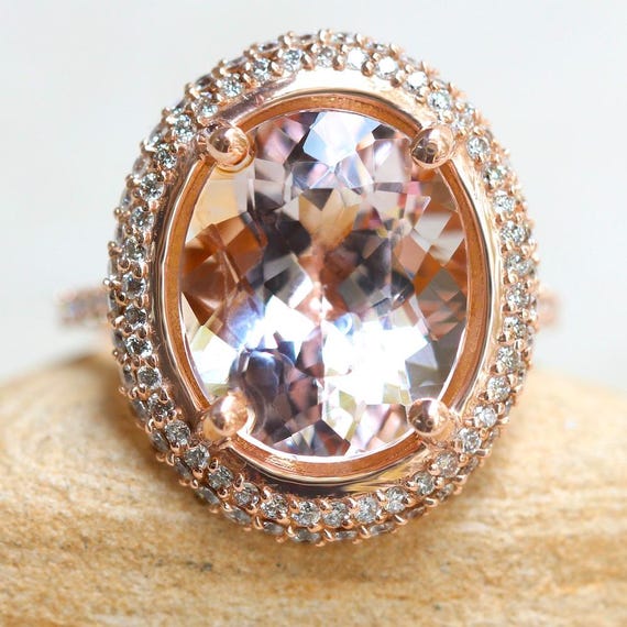 Double Halo Peach Morganite Engagement Ring Oval With White Diamonds, Lifetime Care Plan Included, Genuine Gems And Diamonds Ls6342 Double Halo Peach Morganite Engagement Ring Oval With White Diamonds, Lifetime Care Plan Included, Genuine Gems And Diamonds Ls6342