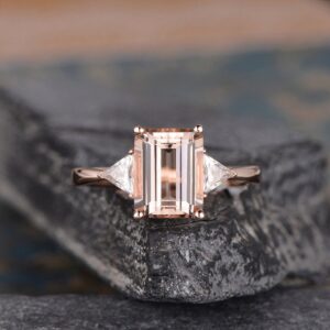 Emerald Cut Morganite Engagement Ring Rose Gold Triangle Shaped Moissanite 7x9mm Natural Morganite Ring Unique Ring Three Stone Ring