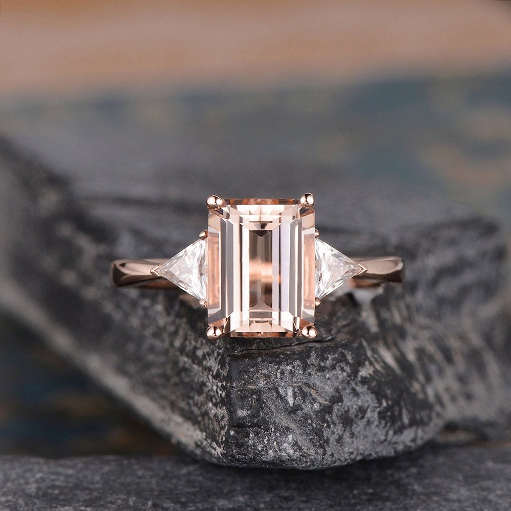 Emerald Cut Morganite Engagement Ring Rose Gold Triangle Shaped Moissanite 7x9mm Natural Morganite Ring Unique Ring Three Stone Ring Emerald Cut Morganite Engagement Ring Rose Gold Triangle Shaped Moissanite 7x9mm Natural Morganite Ring Unique Ring Three Stone Ring