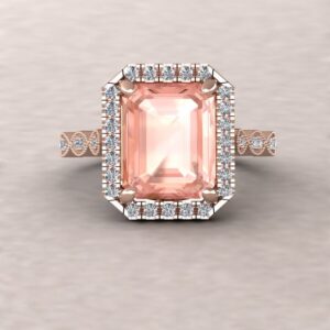 Emerald Cut Morganite Ring With Single Halo And Marquise Beaded Shank, Lifetime Care Plan Included, Genuine Gems And Diamonds Ls5842