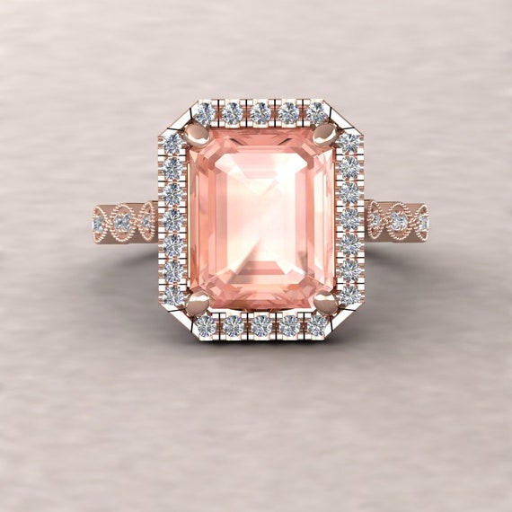 Emerald Cut Morganite Ring With Single Halo And Marquise Beaded Shank, Lifetime Care Plan Included, Genuine Gems And Diamonds Ls5842
