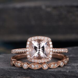 Morganite Engagement Ring Cushion Cut Morganite Ring Rose Gold Bridal Set Halo Diamond Anniversary Gift Women Wedding Ring Half Eternity