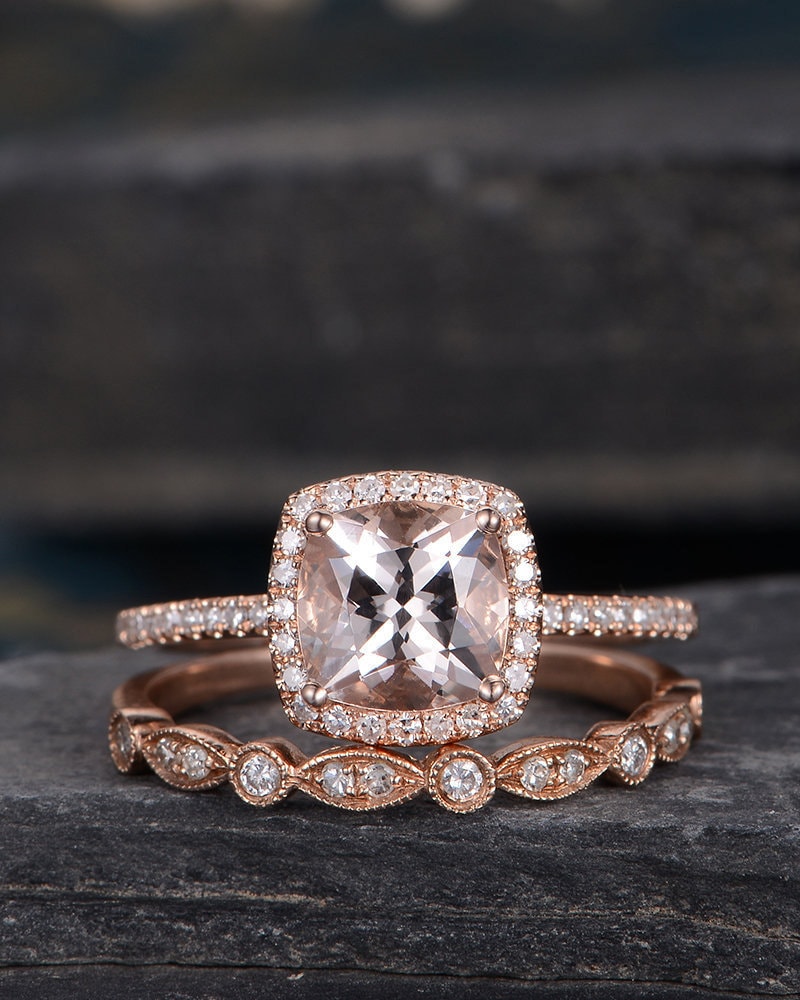 Morganite Engagement Ring Cushion Cut Morganite Ring Rose Gold Bridal Set Halo Diamond Anniversary Gift Women Wedding Ring Half Eternity Morganite Engagement Ring Cushion Cut Morganite Ring Rose Gold Bridal Set Halo Diamond Anniversary Gift Women Wedding Ring Half Eternity