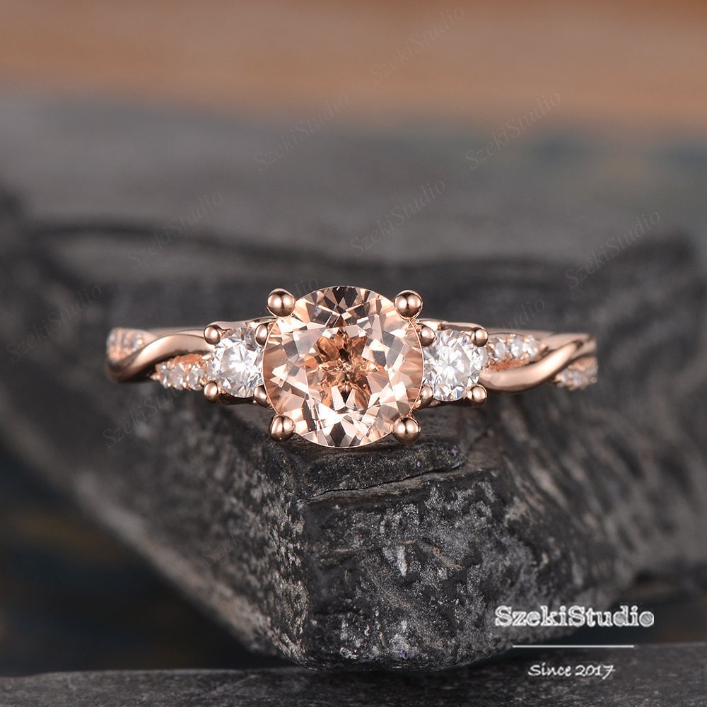 Morganite Engagement Ring Infinity Three Stone Moissanite Band Twist Diamond Half Eternity Ring Rose Gold Bridal Women Promise Ring Morganite Engagement Ring Infinity Three Stone Moissanite Band Twist Diamond Half Eternity Ring Rose Gold Bridal Women Promise Ring