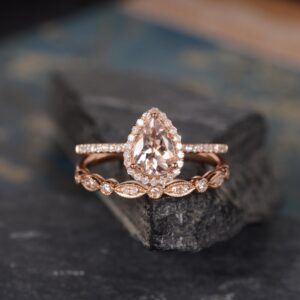 Morganite Engagement Ring Set Rose Gold Bridal Set Pear Shaped Morganite Ring Halo Diamond Half Eternity Band Women Tear Drop Anniversary