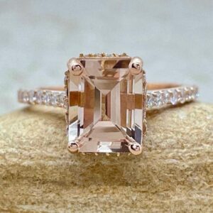 Filigree Morganite Engagement Ring Emerald Cut With White Diamonds, Lifetime Care Plan Included, Genuine Gems And Diamonds Ls6542