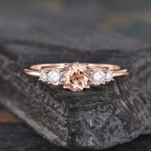 Five Stone Morganite Engagement Ring Rose Gold Morganite Ring Moissanite Bridal Wedding Ring Anniversary Gift Peachy Color Half Eternity