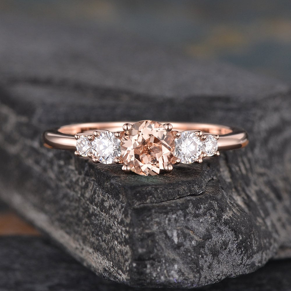 Five Stone Morganite Engagement Ring Rose Gold Morganite Ring Moissanite Bridal Wedding Ring Anniversary Gift Peachy Color Half Eternity Five Stone Morganite Engagement Ring Rose Gold Morganite Ring Moissanite Bridal Wedding Ring Anniversary Gift Peachy Color Half Eternity