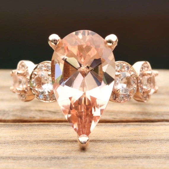 Morganite Halo Engagement Ring With Pear Morganite And Halo Shank, Lifetime Care Plan Included, Genuine Gems And Diamonds Ls6747 Morganite Halo Engagement Ring With Pear Morganite And Halo Shank, Lifetime Care Plan Included, Genuine Gems And Diamonds Ls6747