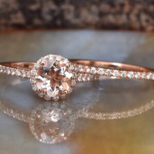 Halo Morganite Wedding Ring Set-diamond Engagement Ring Vintage-morganite Engagement Ring Rose Gold-halo Wedding Set-diamond Matching Band